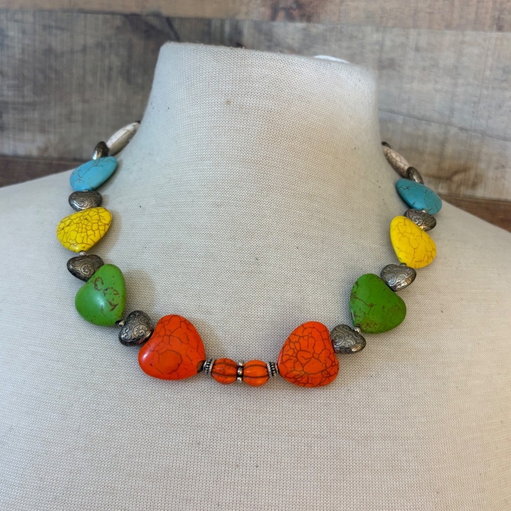 Multicolor Heart Bead Necklace Silver Tone Filigree Spacers Toggle Clasp 18in